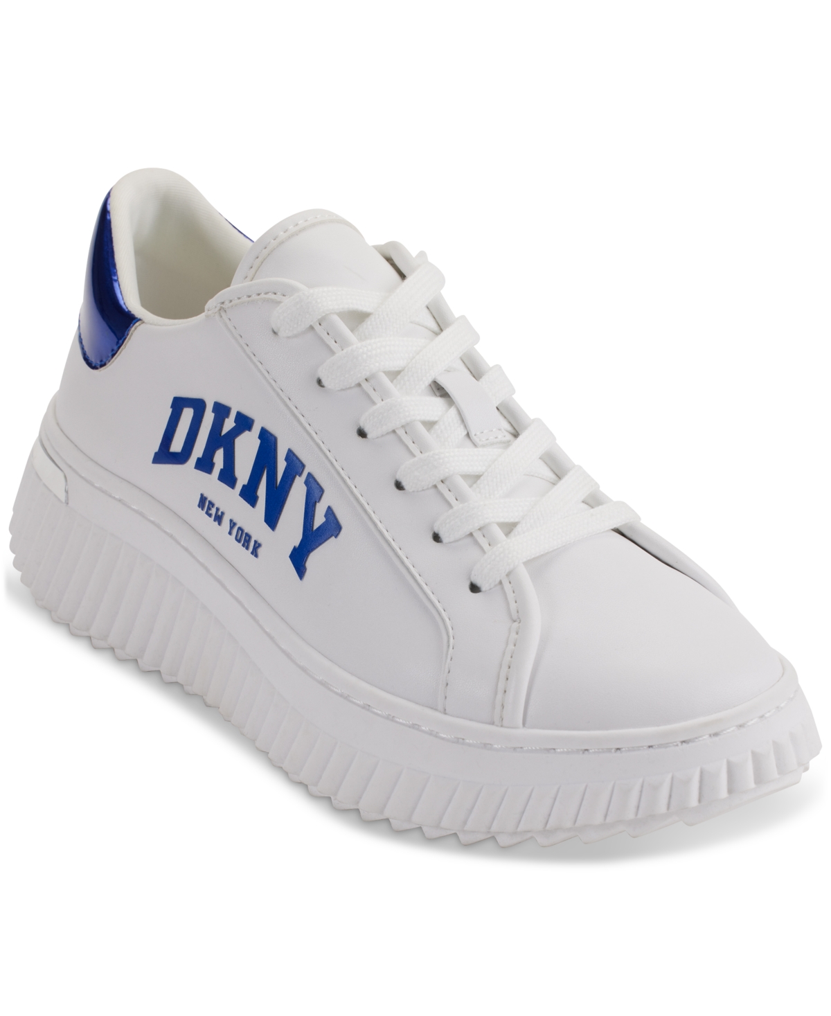 Shop Dkny Women's Leon Lace-up Logo Sneakers In White,royal Blue