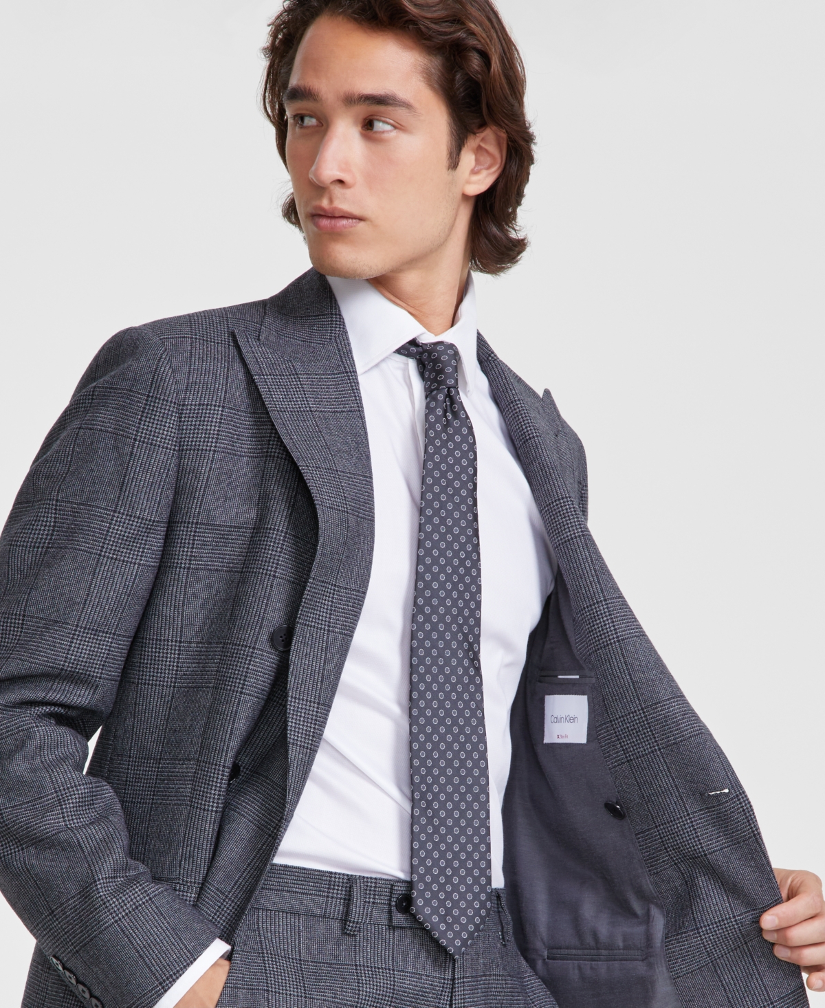 Calvin Klein Men s Slim Fit Gray Plaid Wool Blend Double Breasted Suit Separate Jacket Grey Plaid Smart Closet