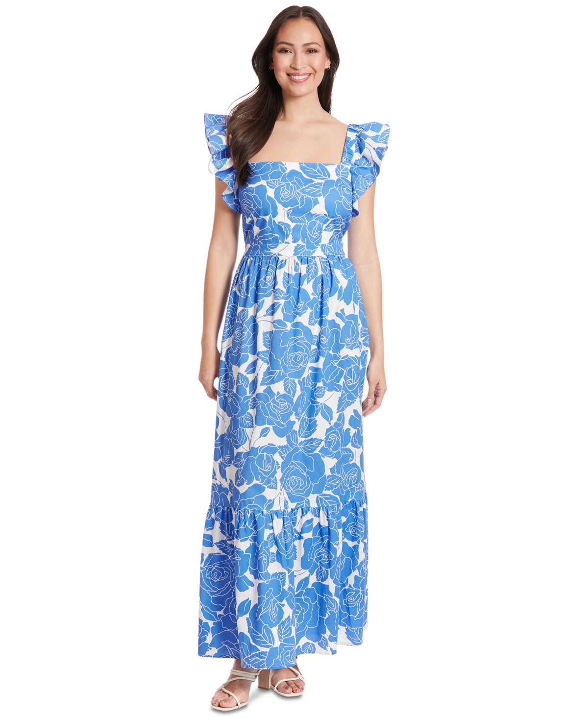 Petite Cotton Floral Ruffle-Sleeve Maxi Dress - Ivory Blue