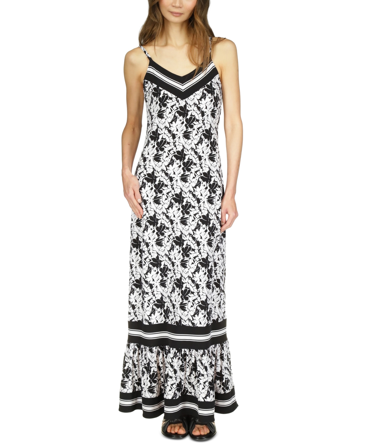 Shop Michael Kors Michael  Women's Printed Ruffle-hem Maxi Dress In Black,white