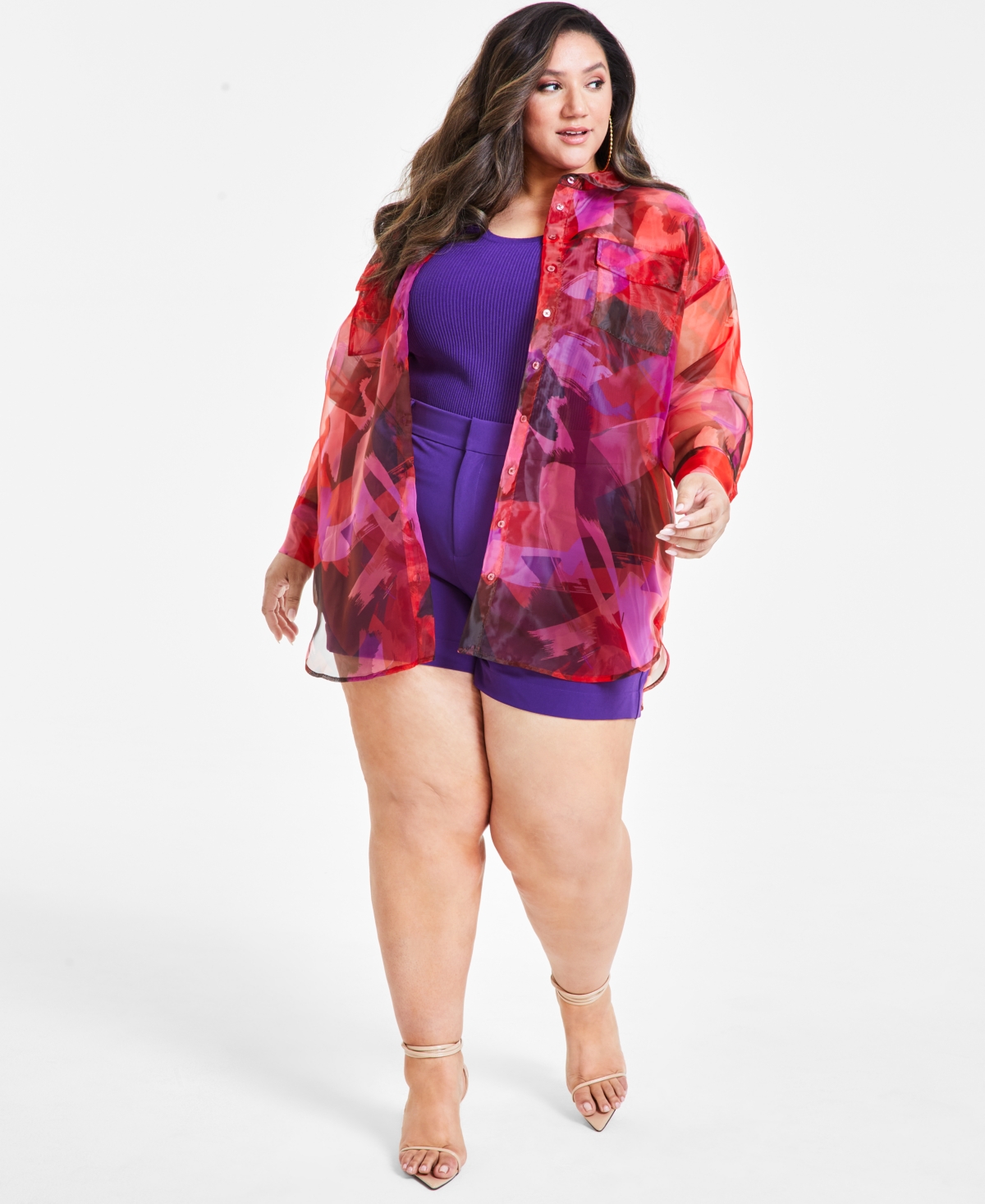Shop Nina Parker Trendy Plus Size Printed Organza Oversized Shirt In Paint Colorblock