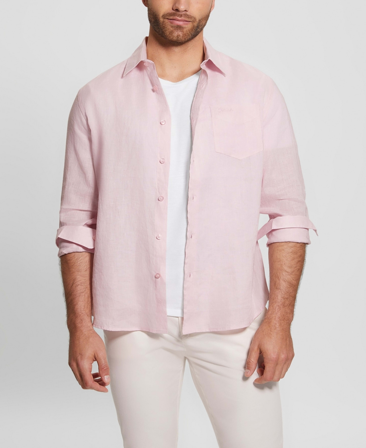 Guess Men's Island Linen Shirt In Airy Pink