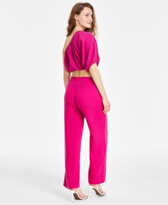 Dkny Jeans Womens One Shoulder Cropped Top High Rise Gauze Straight Leg Pants In Pbl - Pebble