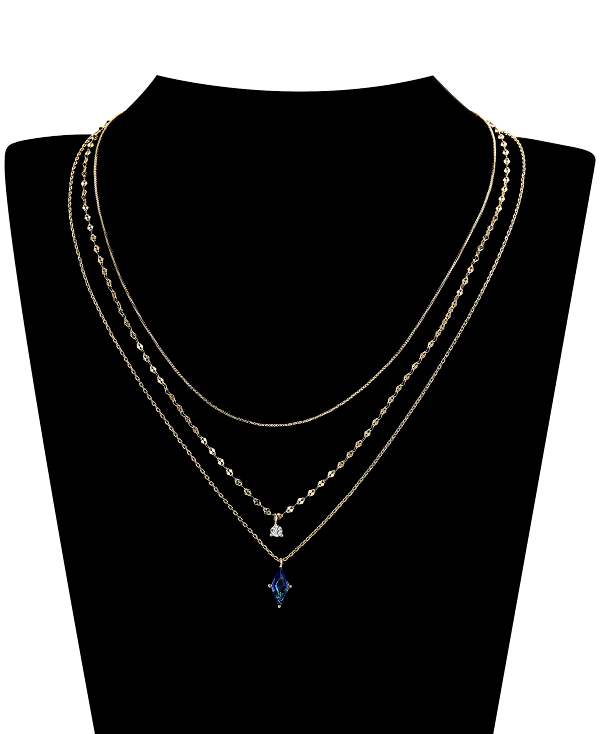 Shop Unwritten Cubic Zirconia Blue Glass Layered 3-piece Necklace Set In Yellow