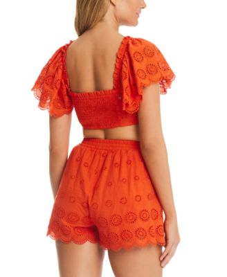 Shop Red Carter Womens Flutter Sleeve Cotton Crop Top Front Tie Shorts In Scorching