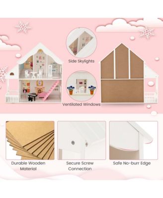 Kids Wooden Dollhouse Semi-Opened DIY Playset with Simulated Rooms & Furniture