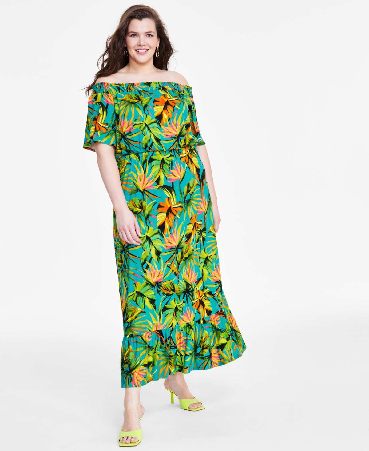 Plus Size Off-The-Shoulder Maxi Dress, Created for Macy's - Tropical Garden