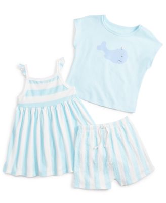 First Impressions Baby Pool Stripe Dress Whale Graphic T Shirt Rugby Stripe Shorts Created For Macys In Oasis Blue