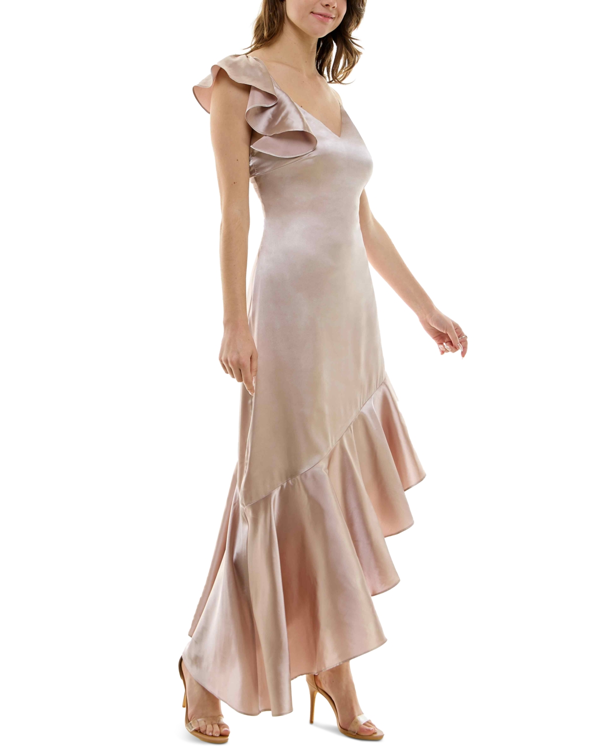Shop Speechless Juniors' Satin Ruffled High-low Maxi Dress In Champagne