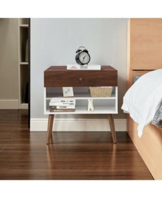 Mid-Century Nightstand with Storage Drawer and Tapered Rubber Wood Legs
