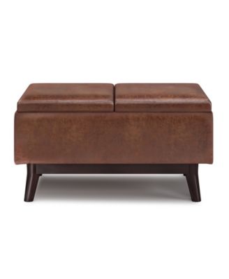 Owen Tray Top Small Coffee Table Storage Ottoman in Distressed Saddle Brown Pu Leather