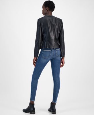 Women's Woven-Shoulder Zip-Front Leather Coat