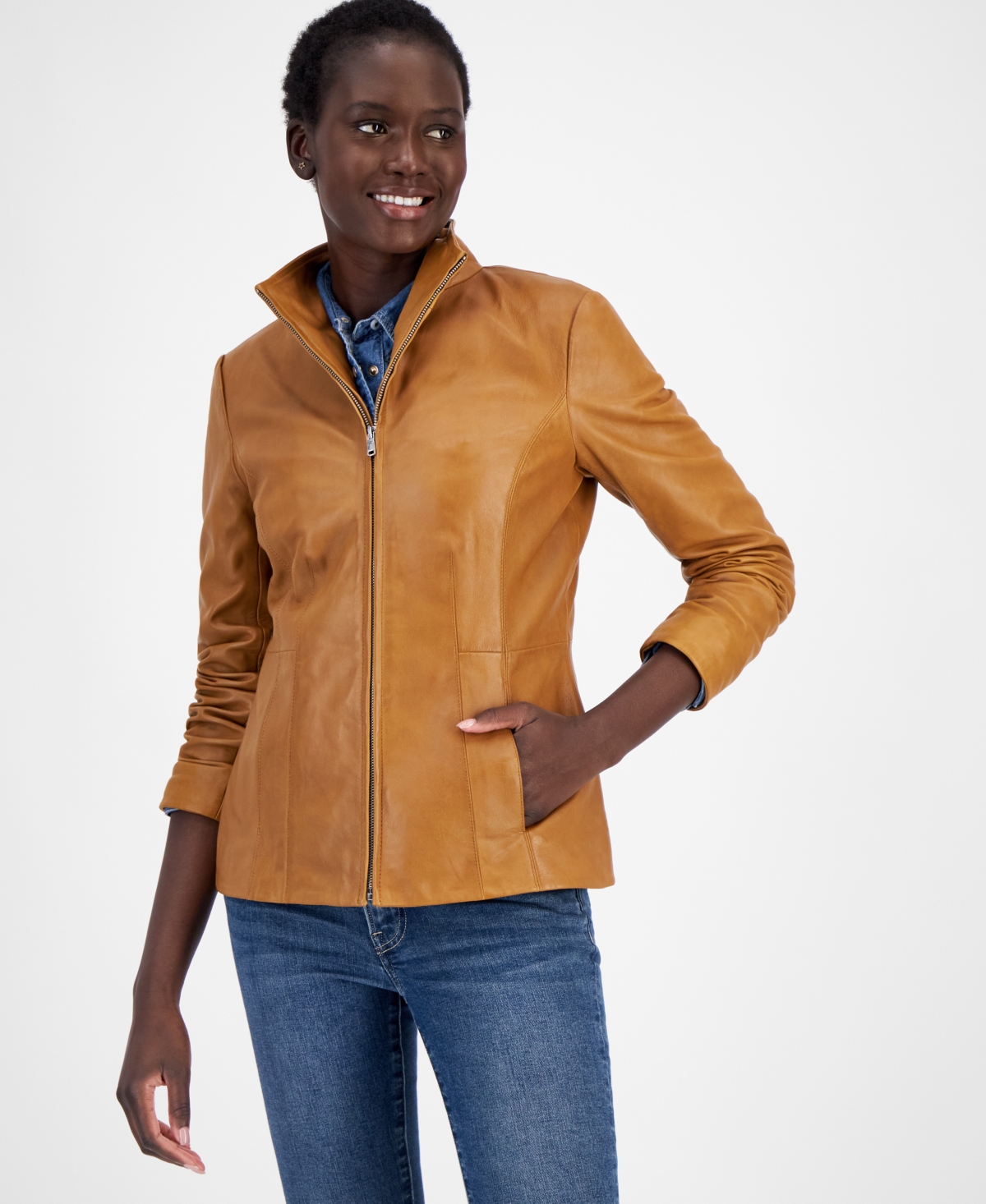 Cole Haan Womens Petite Leather Coat