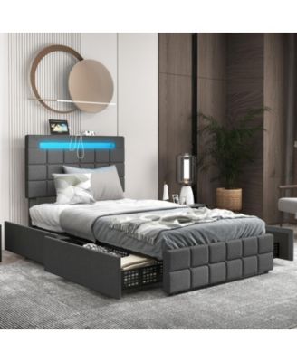 Upholstered LED Bed Frame with Headboard and 4 Drawers