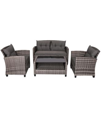 4 Pieces Patio Rattan Furniture Set Coffee Table Cushioned Sofa