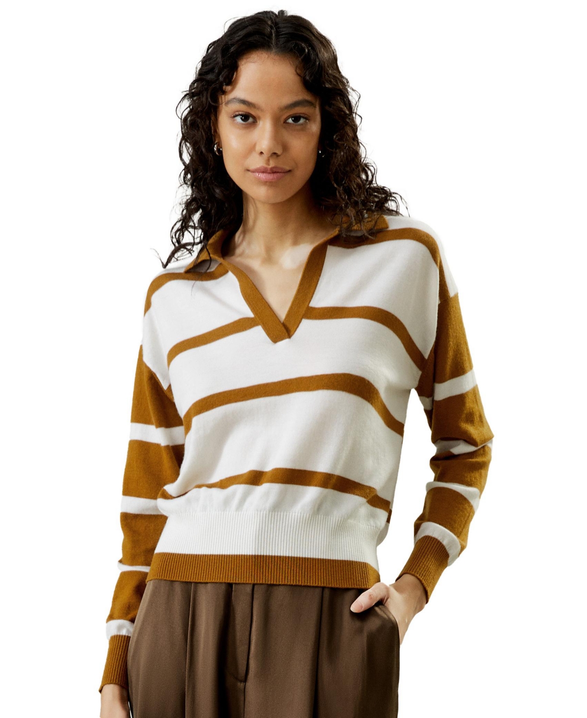 Women's Merino Wool Sweater Polo for Women - Toffee  white stripes