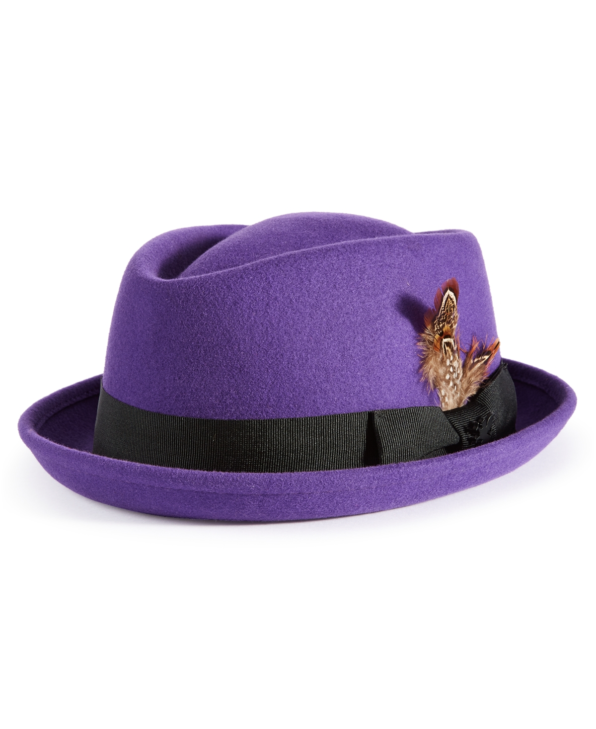 Men's Wool Contrast-Band Pork Pie Fedora Hat - Purple