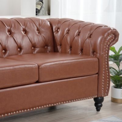 84.65" Brown PU Rolled Arm Chesterfield Three Seater Sofa
