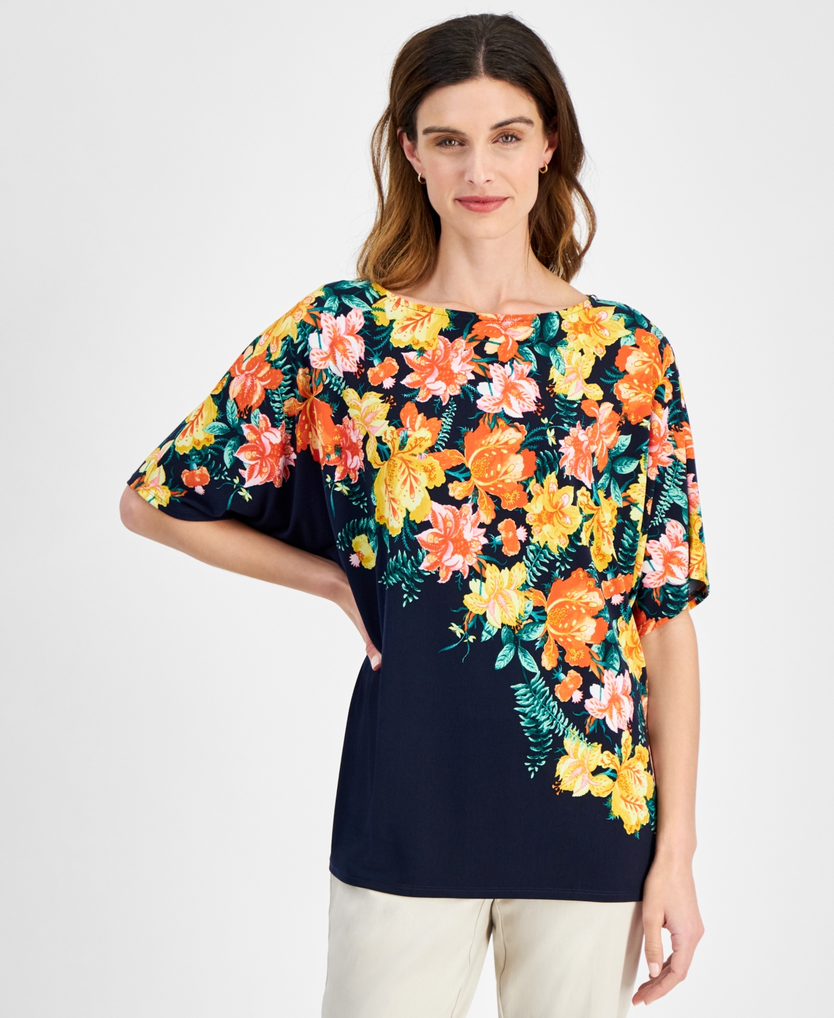 Shop Jm Collection Women's Printed Dolman-sleeve Top, Created For Macy's In Intrepid Blue Combo