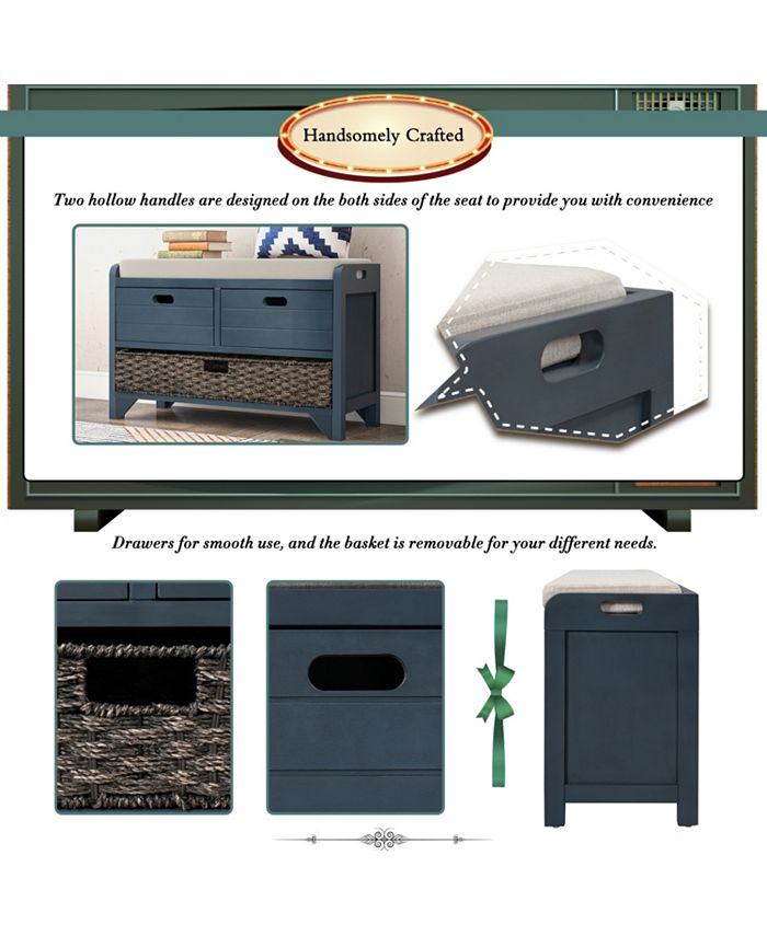 TREXM Storage Bench with Removable Basket and 2 Drawers, Fully Assembled Shoe Bench with Removable Cushion (Navy)