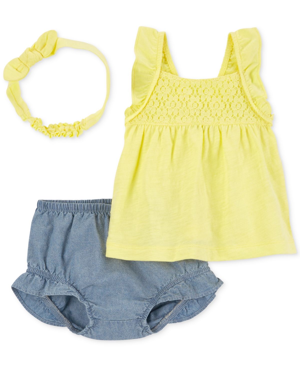 Shop Carter's Baby Girls Cotton Headwrap, Top & Chambray Diaper Cover, 3 Piece Set In Yellow