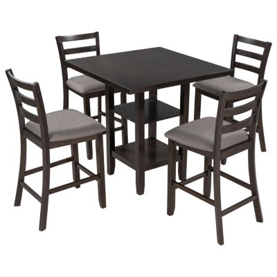 5-Piece Wooden Counter Height Dining Set With Padded Chairs And Storage Shelving