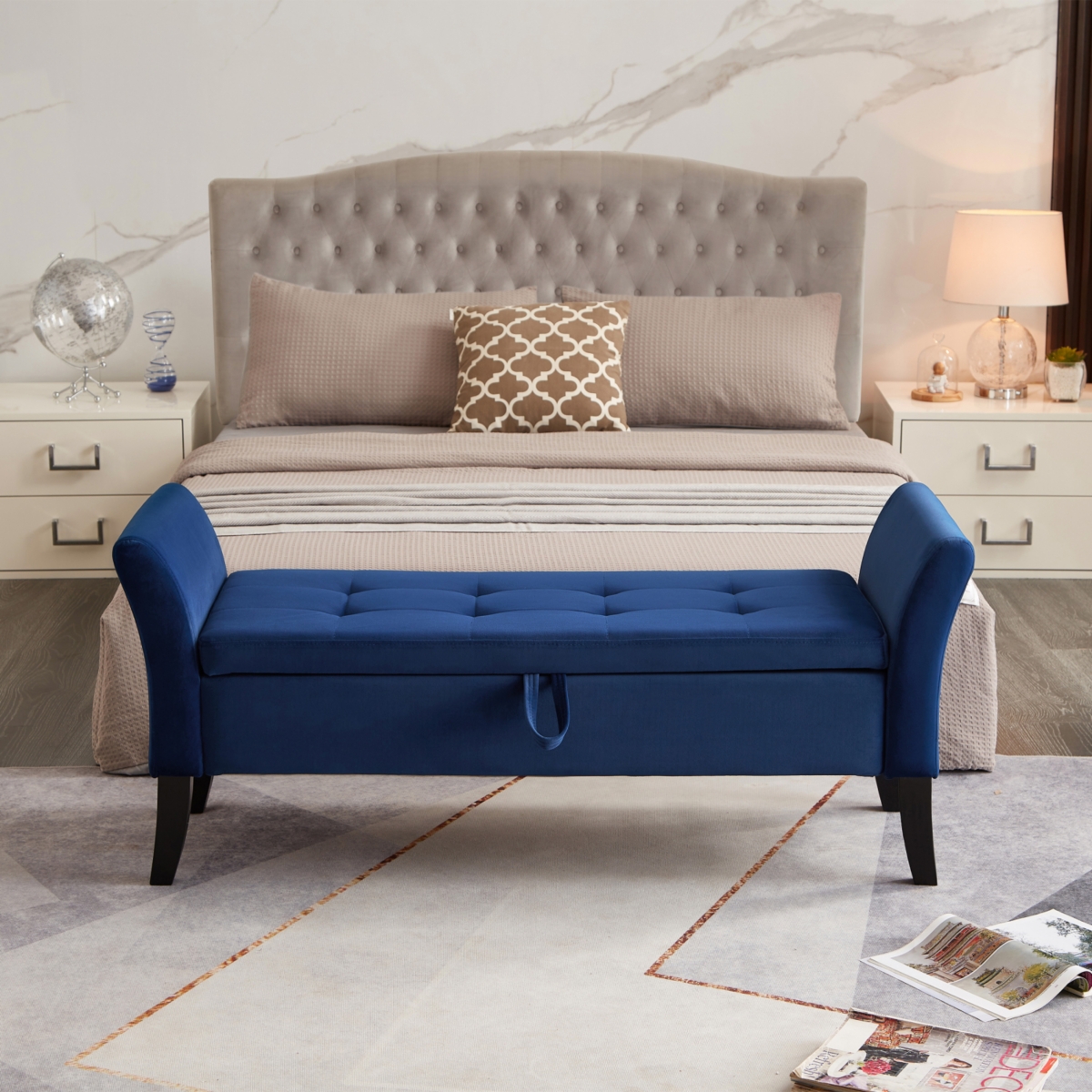 Simplie Fun 51.5" Bed Bench With Storage Navy Blue Velvet