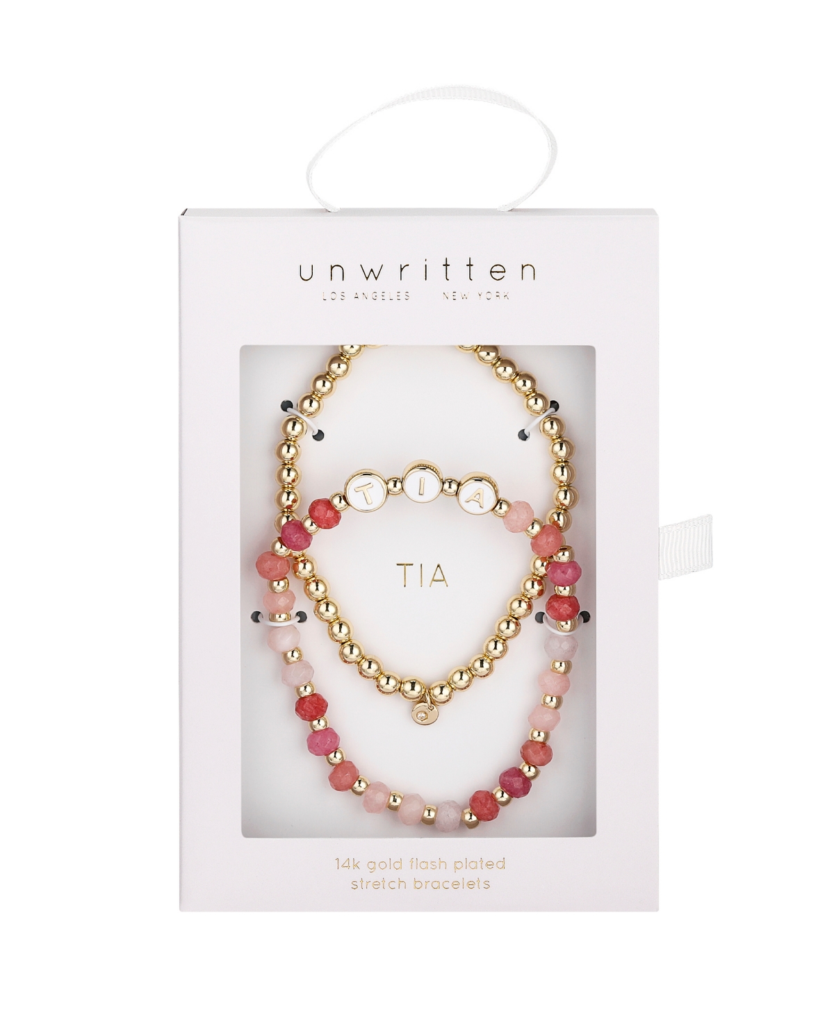 Unwritten Multi Pink Quartz Girl Mom Stone And Beaded Stretch Bracelet Set In Gold