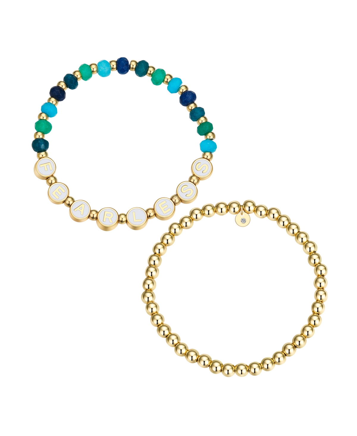 Multi Blue Quartz Fearless Stone and Beaded Stretch Bracelet Set - Gold
