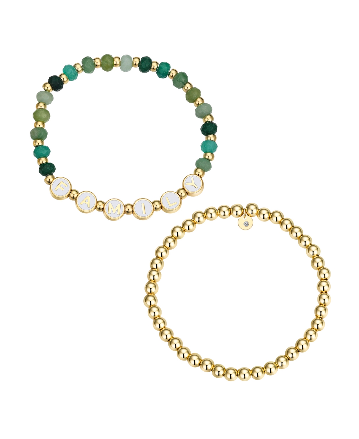 Multi Green Quartz Family Stone and Beaded Stretch Bracelet Set - Gold