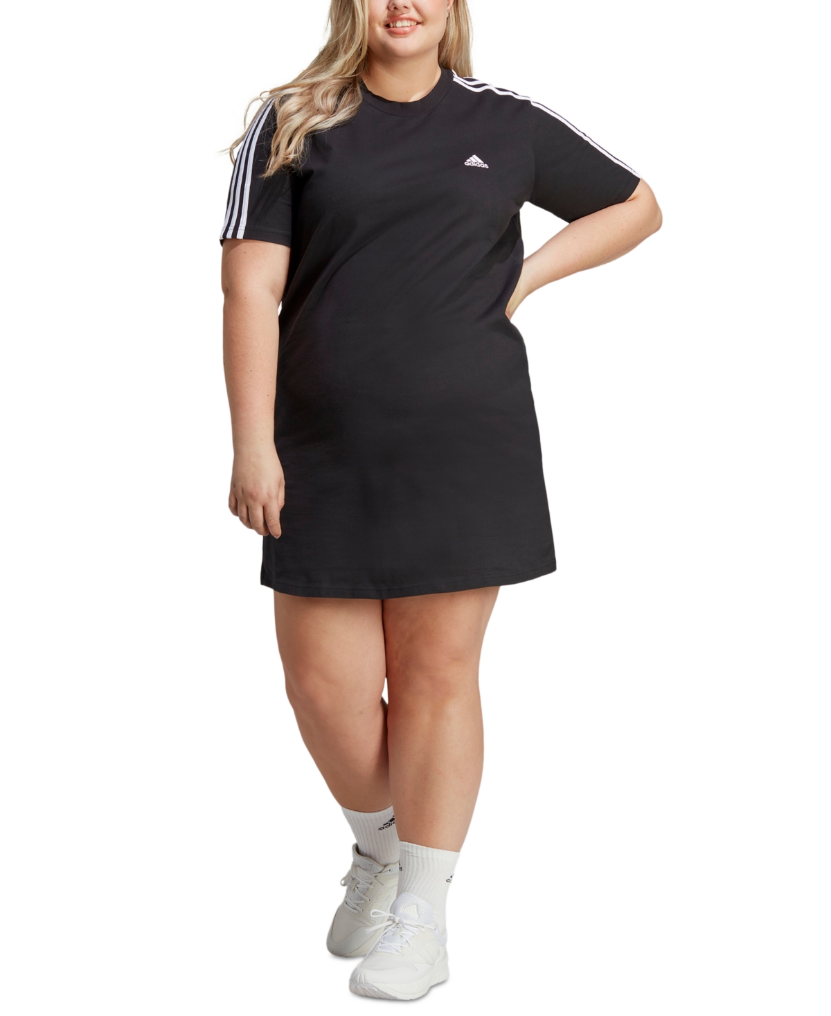Shop Adidas Originals Plus Size Essentials 3-stripes Boyfriend T-shirt Dress In Black,white