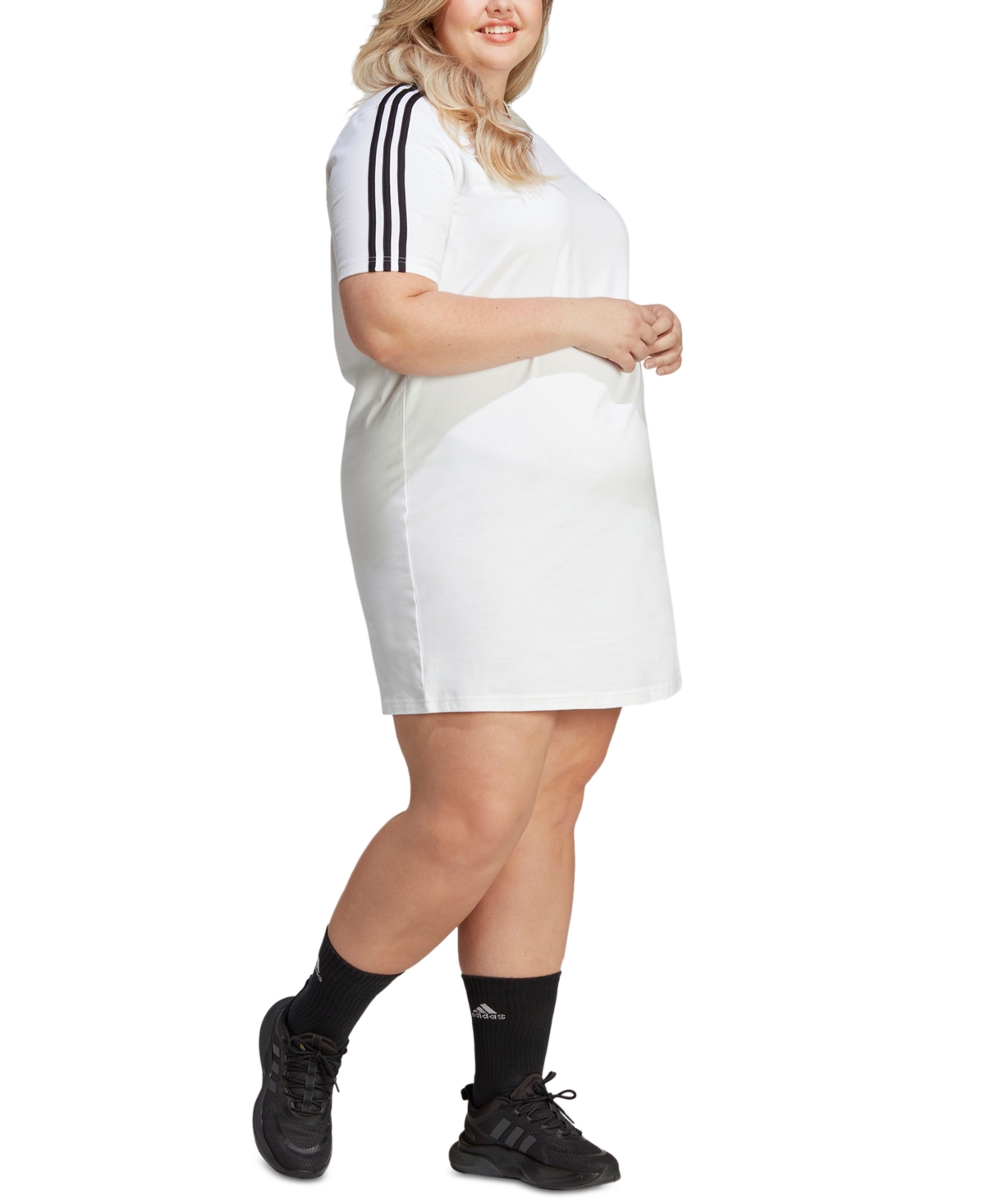 Shop Adidas Originals Plus Size Essentials 3-stripes Boyfriend T-shirt Dress In White,black