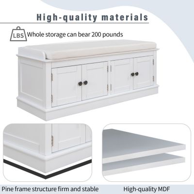 4-Door Storage Bench with Adjustable Shelves, Cushioned Shoe Bench