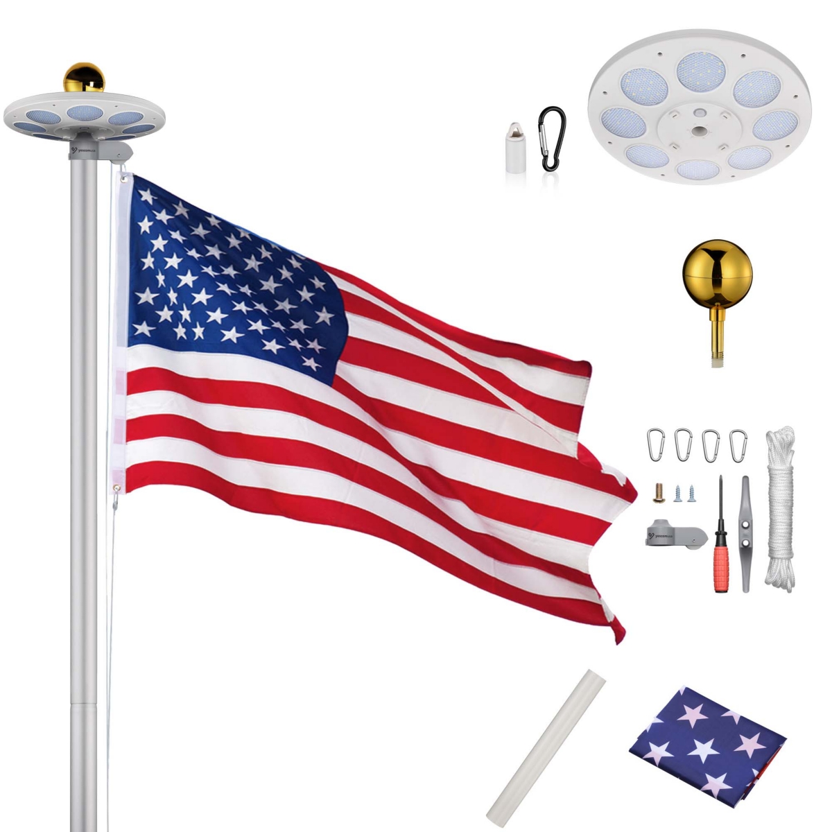 Yescom Bravery 25 Ft Sectional Aluminum Flag Pole Kit with 136 Led Solar Light Us Flag Garden