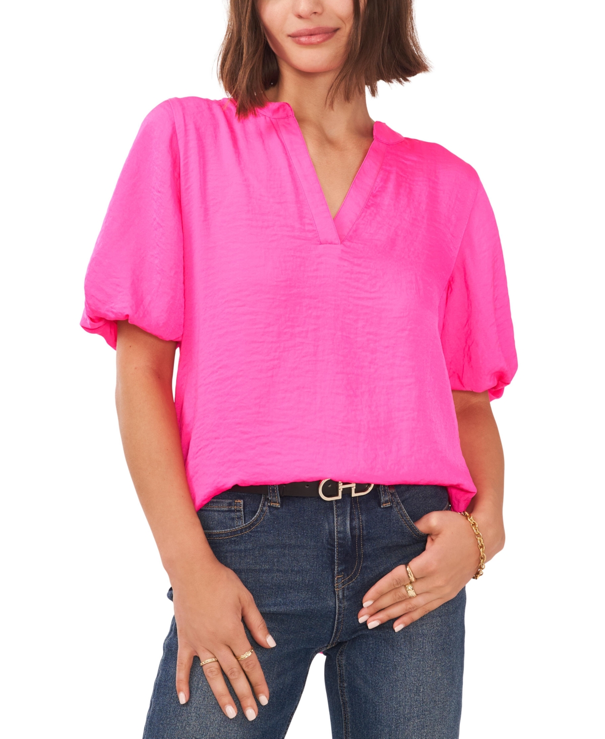 Shop Vince Camuto Women's V-neck Short Puff Sleeve Blouse In Hot Pink