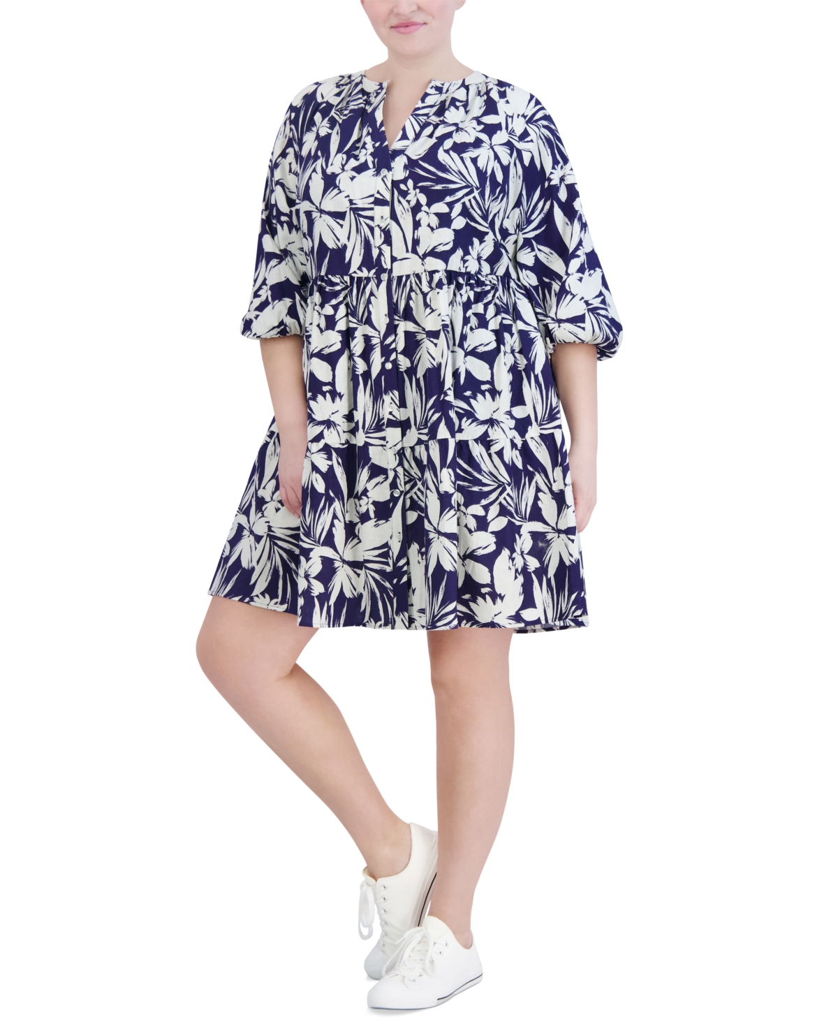 Shop Jessica Howard Plus Size Printed Button-front A-line Dress In Navy,white