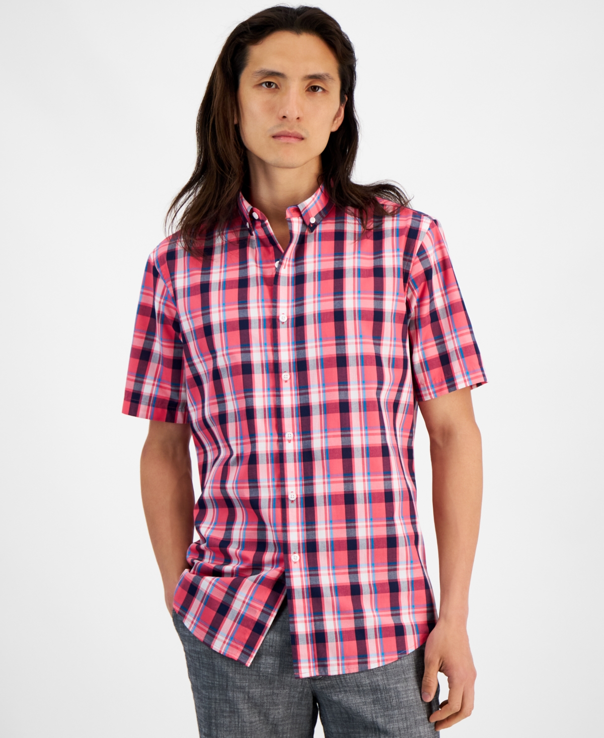 Men's Short Sleeve Printed Shirt, Created for Macy's - Navy Blue Check