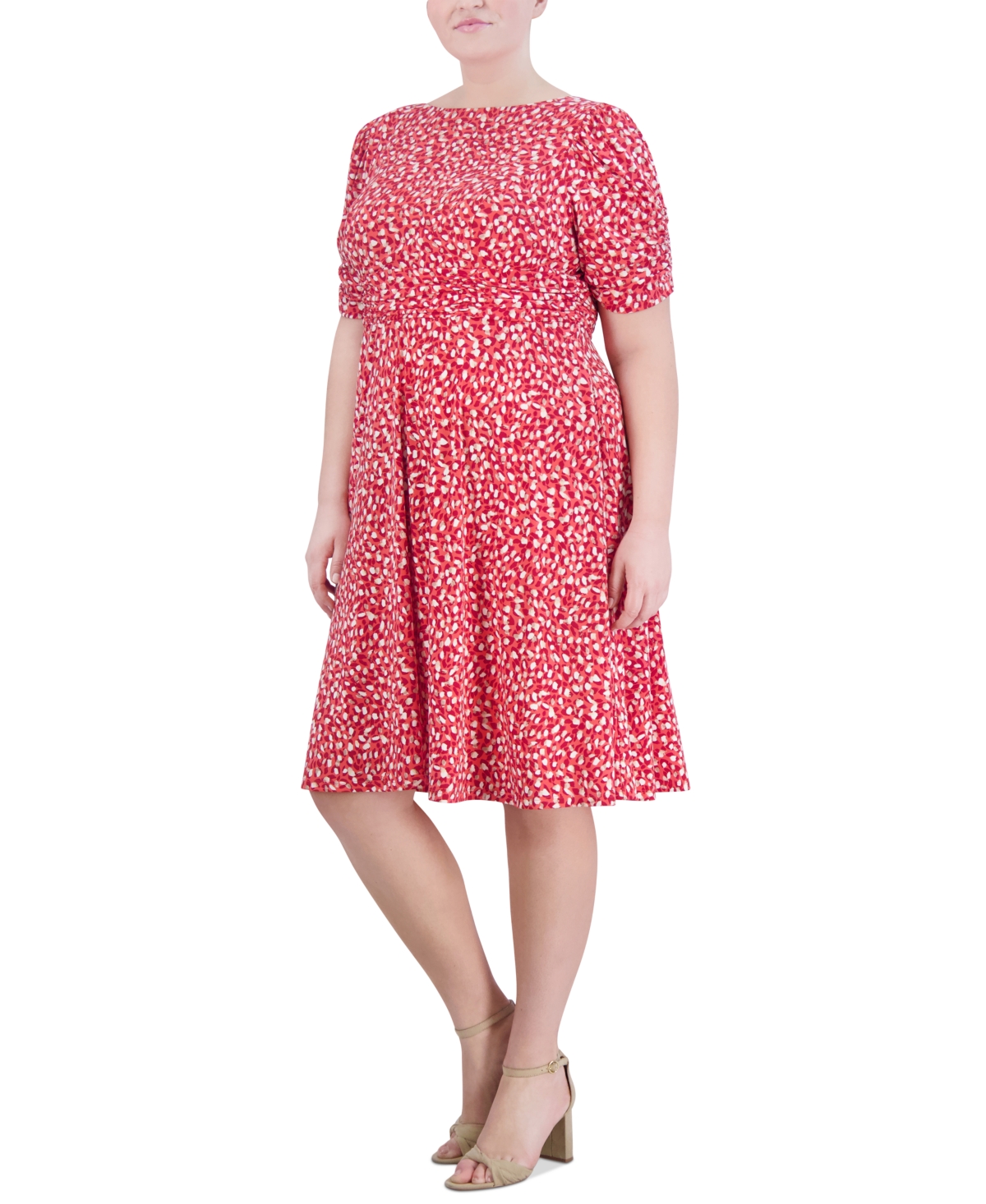 Shop Jessica Howard Plus Size Printed Ruched-sleeve Dress In Persimmon