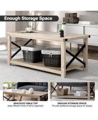 Rustic Accent Coffee Table Metal X Shaped Side Cocktail Table with Storage Shelf