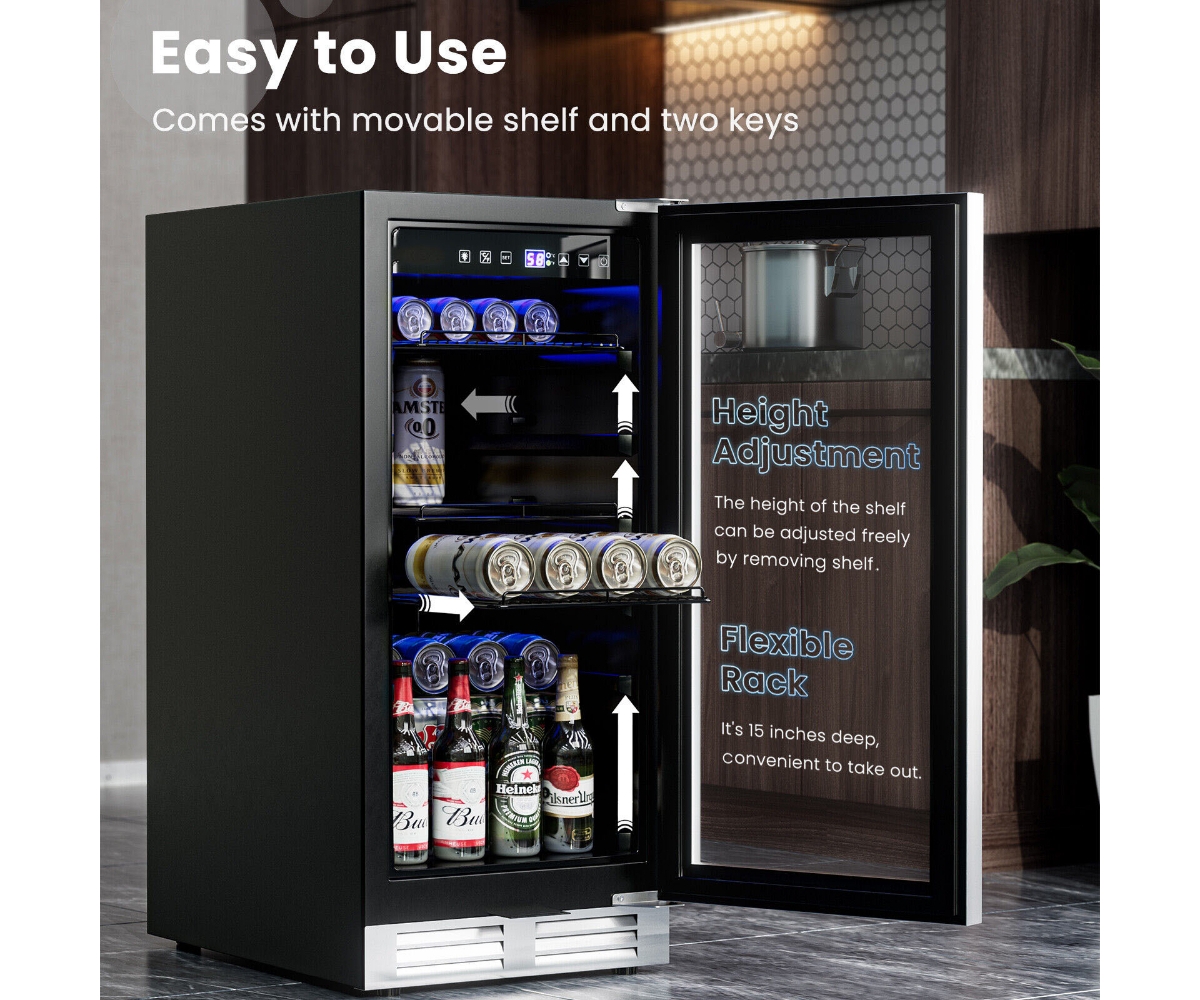 Slickblue 15 Inch 100 Can Built-in Freestanding Beverage Cooler Refrigerator with Adjustable Temperature and Shelf-Silver
