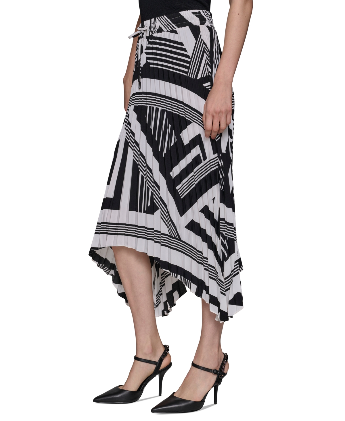 Karl Lagerfeld Paris Women's Printed Pleated Pull-On Asymmetrical-Hem Midi Skirt - Soft White  Black