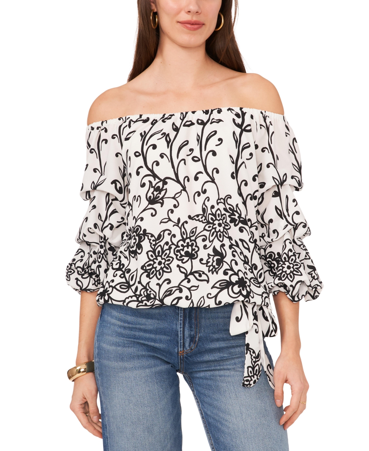 Women's Floral Off The Shoulder Bubble Sleeve Tie Front Blouse - New Ivory