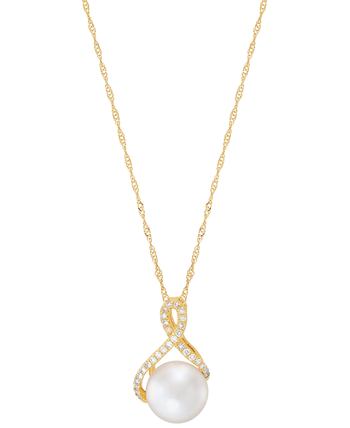 Cultured Freshwater Pearl (8mm) & Diamond (1/10 ct. t.w.) Ribbon 18" Pendant Necklace in 14k Gold - Yellow Gold