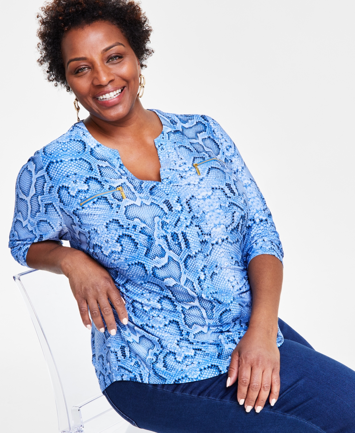 Inc International Concepts Plus Size Zip-pocket Top, Created For Macy's In Sophie Snake