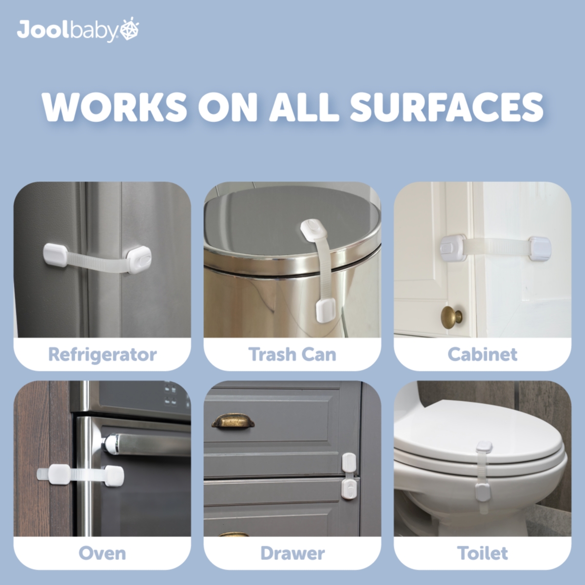 Jool Baby Toddler Multi-Use Safety Strap for Cabinets, Fridges, Drawers, Damage-Free Adhesives Safety - 12 Pack