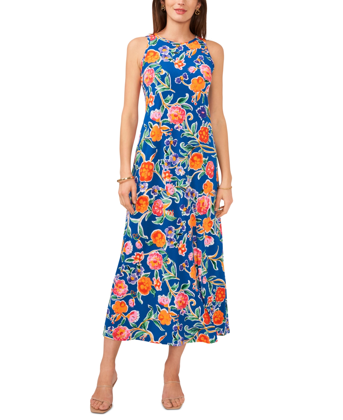Women's Floral Back Keyhole Sleeveless Dress - Base Blue