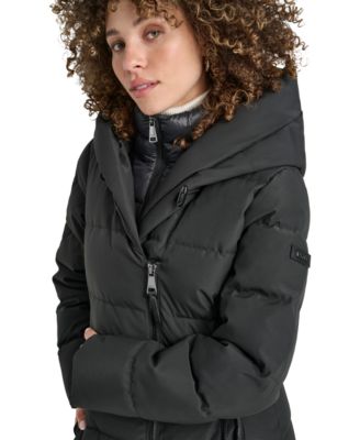 Women's Bibbed Shawl Collar Hooded Puffer Coat