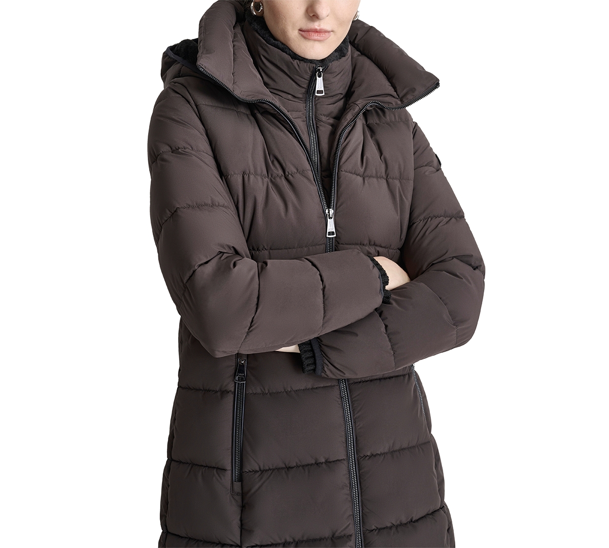 DKNY WOMEN'S BIBBED HOODED ZIP-FRONT PUFFER COAT 
