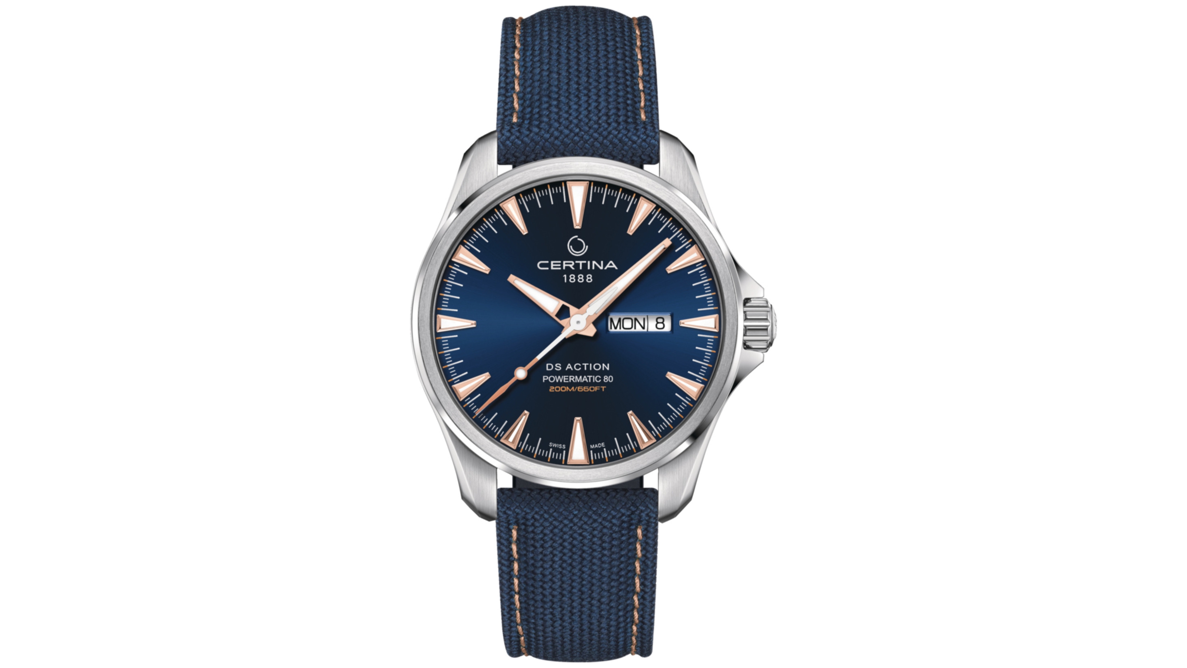 Certina Men's Swiss Automatic Ds Action Day-Date Powermatic 80 Blue Synthetic Strap Watch 41mm