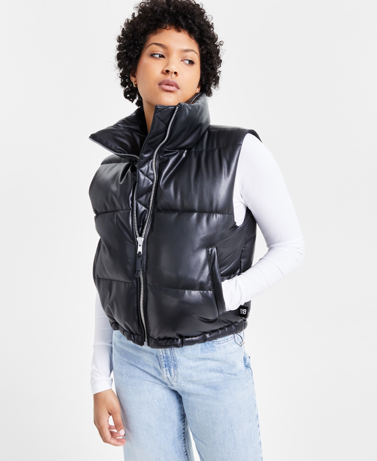 Women's Faux-Leather Stand-Collar Puffer Vest - Black